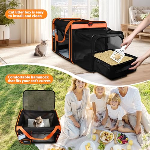 Side Expandable Extra Large Cat Carrier with Litter Box (Black)