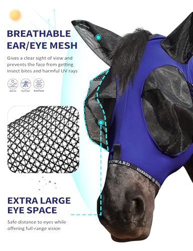 Horse Fly Mask with Forelock Opening Stretch Breathable and Comfortable for Horses UV (Navy / L)