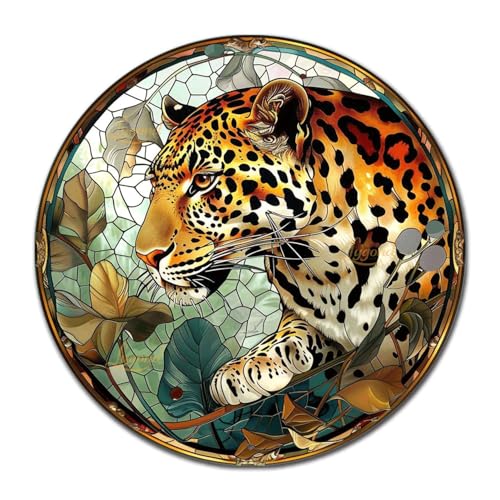 Metal Sign Tin Sign Circular Stained Glass Leopard Vintage Metal Sign for Gift 12×12 Inches (12×12 Inches / Leopard-2)