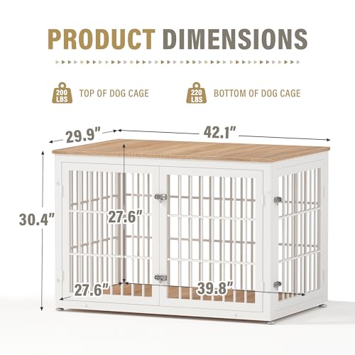 42" Heavy Duty Dog Crate Furniture for Large and Medium Dogs (White + Natural / 42.1"L x 29.9"W x 30.4"H)