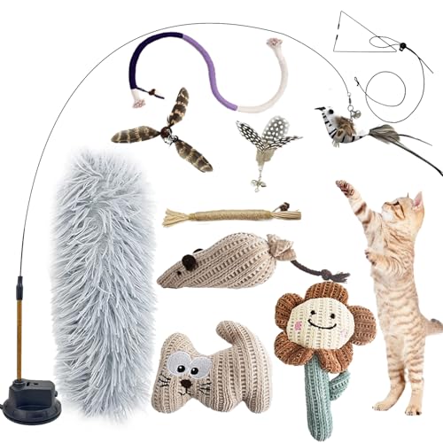 7-in-1 Kitten Toys for Indoor Cats with Washable Adhesive Suction Cup, Hanging Interactive Cat Toys, Silvervine Stick and Sisal Chew Rope Catnip Teething Toy for Bored Kitten (Neutral)