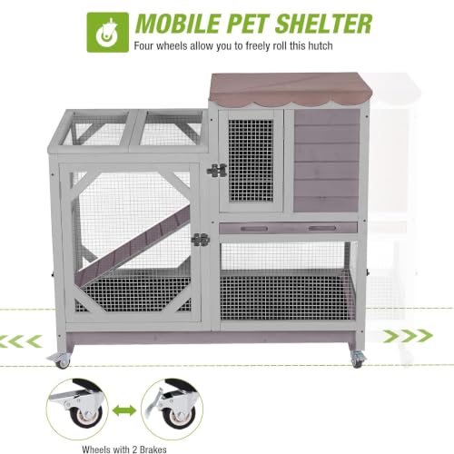 Rabbit Hutch Indoor Rabbit Cage with Wheels Outdoor Bunny House 2 Story Guinea Pig Cage with Leakproof Tarp Roof (Grey)