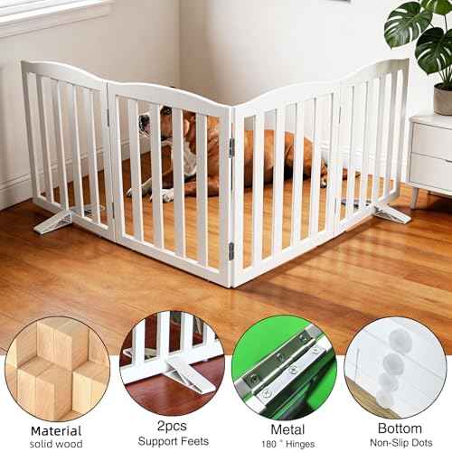 Foldable Freestanding Indoor Dog Gate for House Wood White Long Pet Gates Dog Fence for Stairs Puppy Gates for Hallways (White / 【4 Panels】80''w X 32''h)