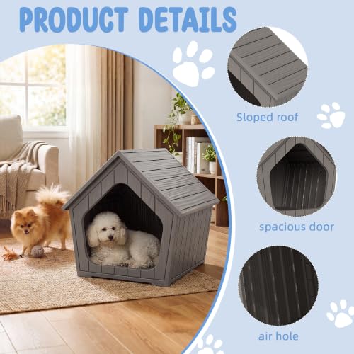 Indoor Outdoor Small Dog House Weatherproof for Small Dogs Sturdy Pet House for Indoor Living Room & Outdoor Patio (Light Grey / 23.43" L × 22.44" W × 22.24" H)