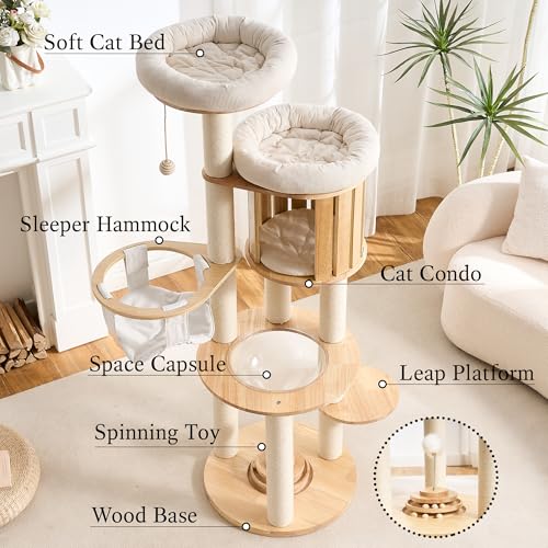 Wood Modern Cat Tree (62 Inch-Turntable-White)