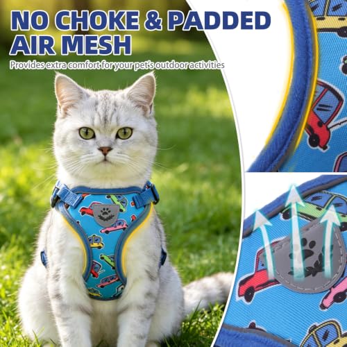 Cat Harness and Leash Set Escape Proof Reflective Cat Walking Harness Adjustable Soft Breathable Mesh Vest for Small Pets (S (NECK 9.5"-11", CHEST 13"-16") / Blue(Cars))