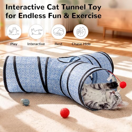 3 Way Collapsible Cat Tunnel for Indoor Cats (Blue Coin / Small)