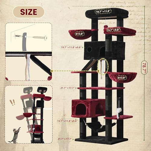 Tall Cat Tree Tower for for Multiple Cats (78.7 inch / Black and red)