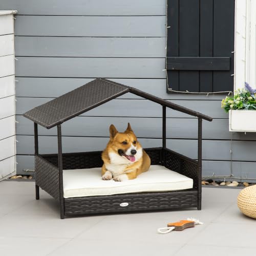 Wicker Dog House Outdoor with Canopy