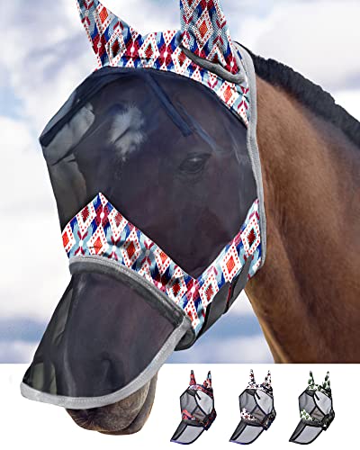 LumiVista Horse Fly Mask Long Nose with Ears UV Protection for Horse Tribal Rhombus M Cob (Tribal Rhombus / Cob (Medium))