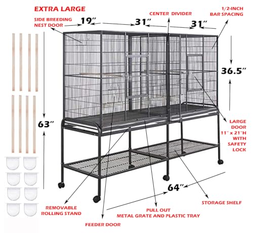 64" Extra Large Double Flight Bird Parrot Sturdy Wrought Iron Cage (Black Vein / 63.0"L x 19.0"W x 64.0"H)
