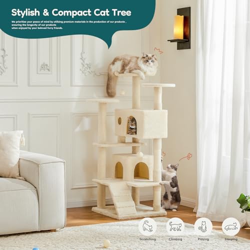 54 inch Indoor Cat Tree Tower (Beige / 54'' × 19.8'' × 19.8'')