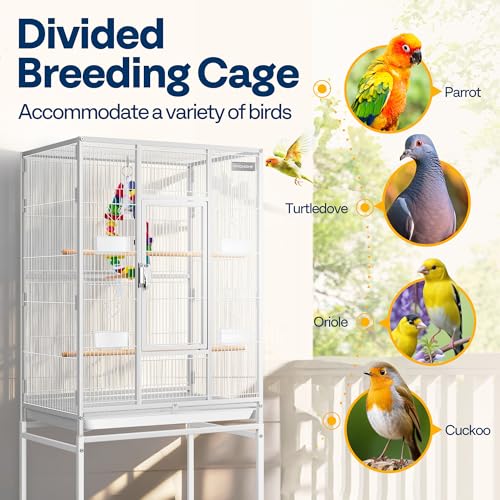 54 Inch Wrought Iron Large Bird Cage with Rolling Stand (White)