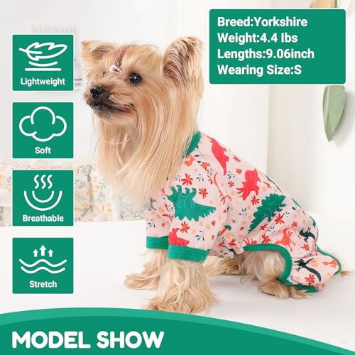 Dog Pajamas Small Sized Dogs Stretchable Summer Dog Clothes Pjs 4 Legs Girl Boy Cute Soft Puppy Outfits Doggie Cat Jammies Jumpsuit Sleeper for Pet (Dinosaur / X-Small (Chest 11in ))