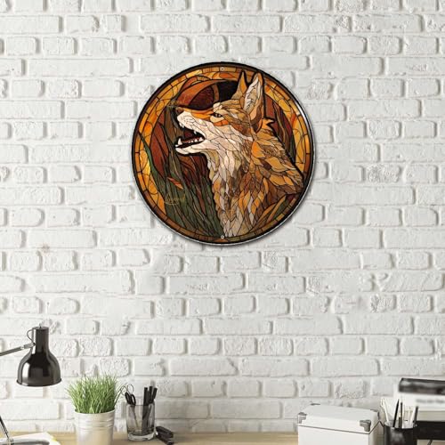 Metal Sign Tin Sign Circular Stained Glass Coyote Signs for Garden for Pub 12×12 Inches (12×12 Inches / Coyote-2)