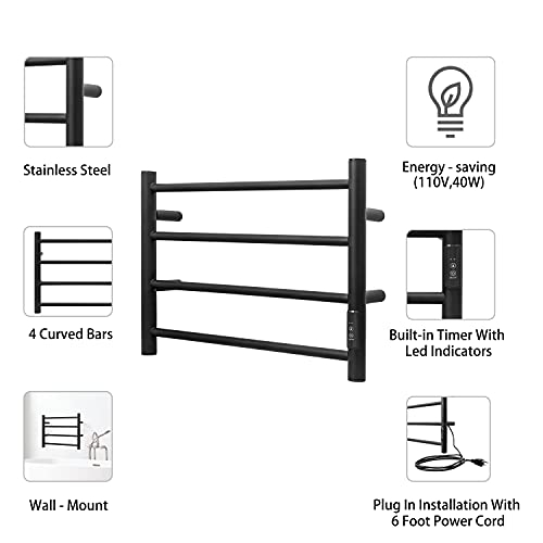 Towel Warmer Wall Mounted with Built (4 Bars / Round-matte Black)