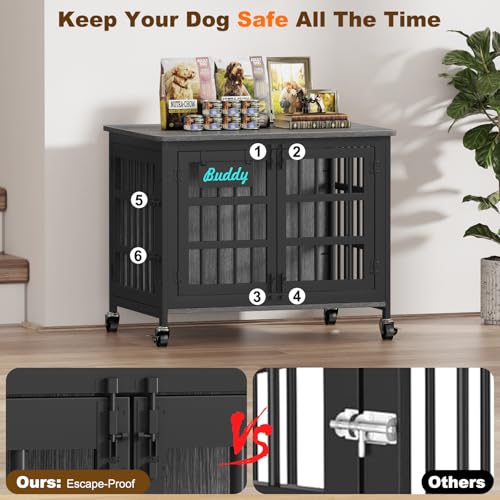 33" 27" Dog Crate Furniture with Name Tag (32.7"L x 22.8"W x 25.2"H / Dark Grey)