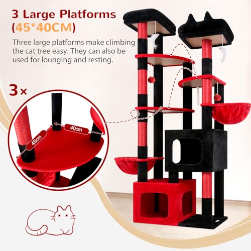 S74E Pro Gothic Heavy Duty Maine Coon Cat Tree for Large Cats (Black Red / 74 inch)