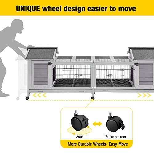 Rabbit Hutch Bunny Cage with Double House and Run Indoor Outdoor Guinea Pig House with Deeper No Leak Trays and Wheels