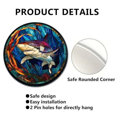 Metal Sign Tin Sign Circular Stained Glass Shark2 Tin Sign Paper for Pub 8×8 Inches (8×8 Inches / Shark-3)