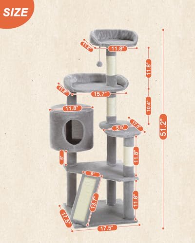 Multi Level Cat Tree Tower for Indoor Cats (Gray / 51.2 inches)