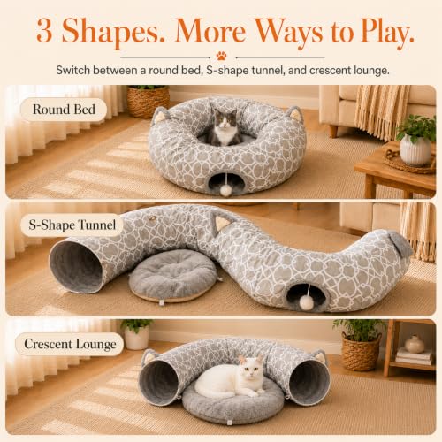 Geometric Cat Tunnel Bed Under Christmas Tree Oxford Outside with Plush Inside (Big Tunnel Bed)