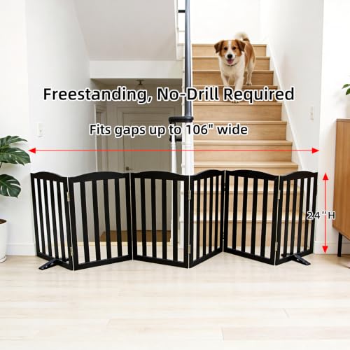 Foldable Freestanding Indoor Dog Gate for House Wood White Long Pet Gates Dog Fence for Stairs Puppy Gates for Hallways (Black / 【6 Panels】120''w X 24''h)