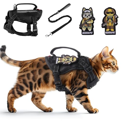 Cat Harness and Leash Set for Walking Escape Proof Adjustable Reflective Large Cat Tactical Harness with Patches Breathable Summer Vest Soft Mesh Padding Handle Easy to Control (Black / S)