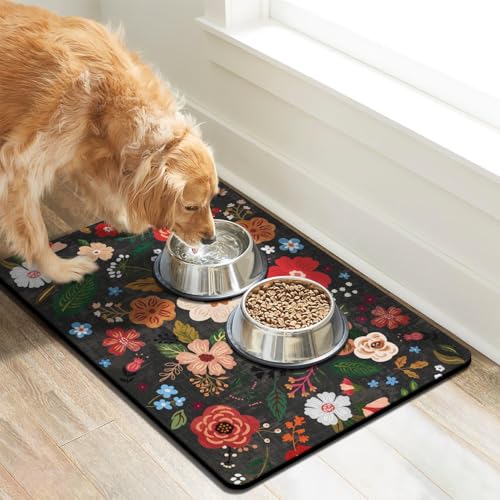 Dog Food Mats for Floors (Black / 20"L x 12"W)