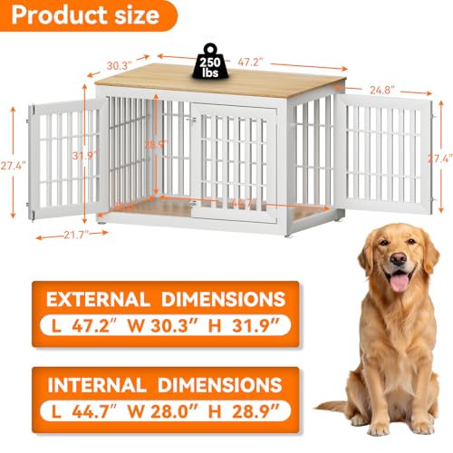 48" Heavy Duty Dog Crate Furniture for Large Dogs (47.2"L x 30.3"W x 31.9"H / White+Wood)