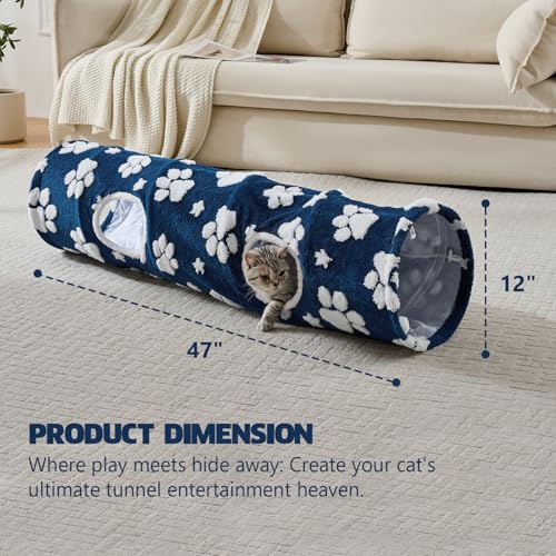Straight Cat Tunnel for Indoor Cats 47"x12" (Blue Paw / Straight)