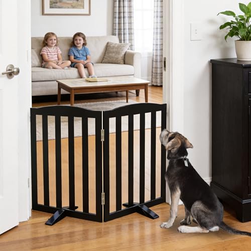 Foldable Freestanding Indoor Dog Gate for House Wood Long Pet Gates Dog Fence for Stairs Puppy Gates for Hallways (Black / 【2 Panels】40''w X 24''h)