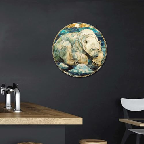 Metal Sign Tin Sign Circular Stained Glass Polar Bear Bar Signs for Home Decor for Pet 12×12 Inches (12×12 Inches / Polar Bear-2)