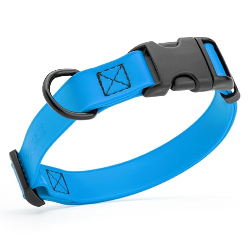 Biothane Waterproof Dog Collar with Quick Release Buckle Strong Coated Nylon Webbing with Odor (5/8"W by 10-14"L / Cerulean Blue)