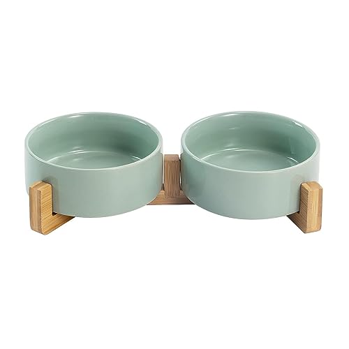 Ceramic Dog and Cat Bowl Set with Wooden Stand (1.7 cups / Morandi Green × 2)