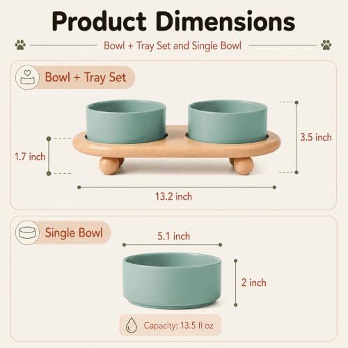 Raised Cat Bowl 5.1” Elevated Ceramic Cat Food and Water Bowl Set (Light Green)