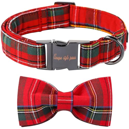 Christmas Dog and Cat Collar with Bow Pet Gift Adjustable Soft and Comfy Bowtie Collars for Small Medium Large Dogs (Medium / red plaid)