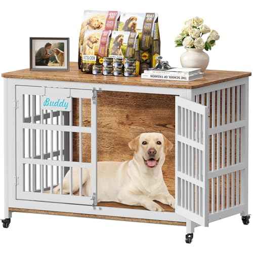 46"/43"/32" XXL Heavy Duty Dog Crate Furniture with Casters (46.1"L x 28.7"W x 31.9"H / White & Beech)