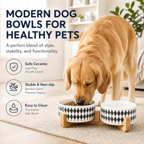 Ceramic Dog Cat Bowl Set with Stand (Black Rhombus / 850ML*2)