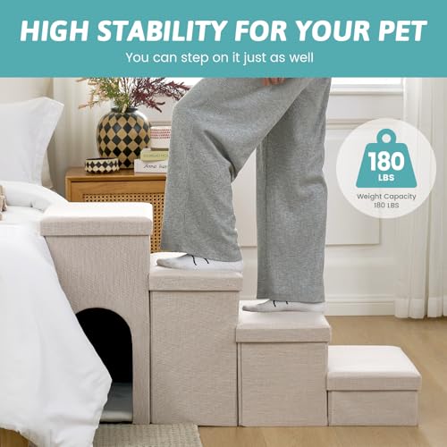 Dog Stairs with Storage (Beige / 32.5x17x17.7 inch)