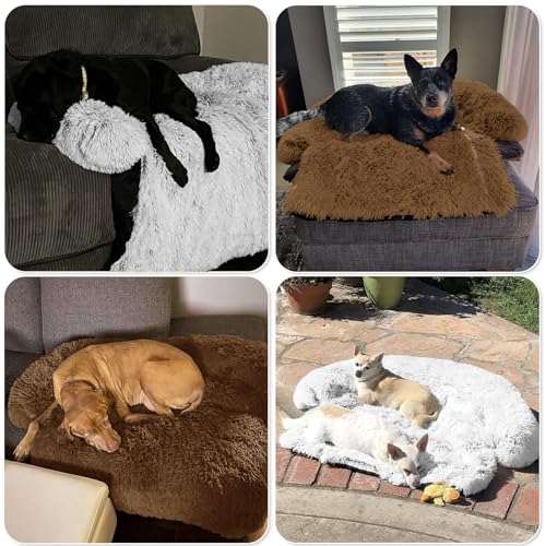Calming Dog Bed Fluffy Plush Dog Mat for Furniture Protector with Removable Washable Cover for Large Medium Small Dogs and Cats (Brown / 53.0"L x 39.3"W x 6.0"Th)