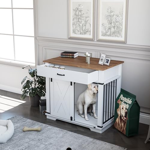 37.8'' Dog Crate Furniture with Storage Drawer (White)