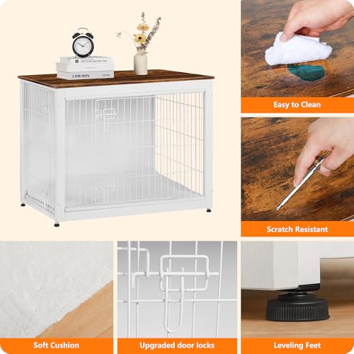 38.5" XL Dog Crate Furniture with Cushion (White+Rustic Brown / 38.5"L x 25.6"W x 26.8"H)