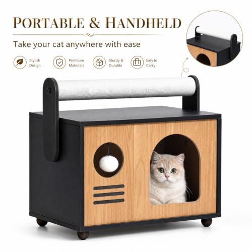 Wooden Cat House with Top Scratching Post for Indoor Cats