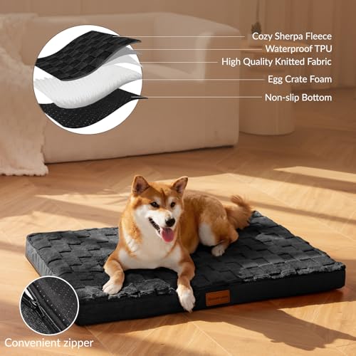Orthopedic Large Dog Bed Washable Pet Crate Mat 48''X30'' Black (Black / 48"L x 30"W x 3.5"Th)