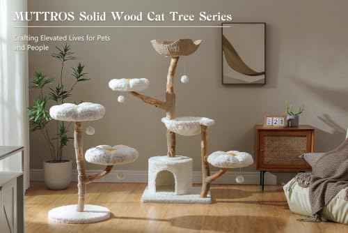 Modern Flower Cat Tree with Real Wood Branches & 2 Balls (Cloud White / 37.5" Solid Wood Cat Tree)