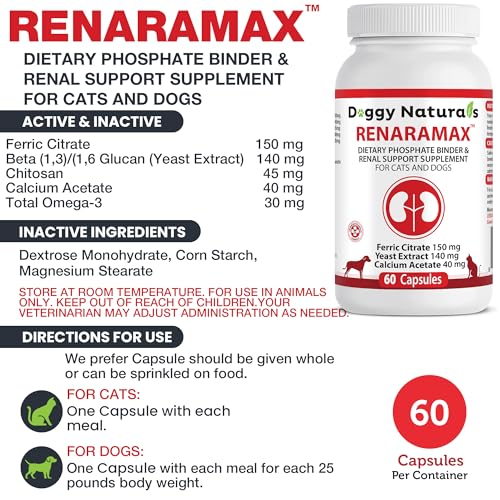 RENARAMAX Dietary Phosphate Binder and Renal Support Supplement for Cats and Dogs Count (60 Caps)