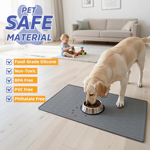 Large Dog Mats for Food and Water (Gray / 32"L x 24"W)