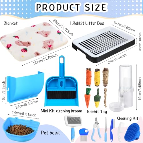 19 Pcs Rabbit Starter Kit Small Bunny Litter Box Rabbit Grooming Kit Water Bottle Bunny Toys Hay Feeder Bowl Blankets with Cleaning Set for Guinea Pig Accessories (Black / Cloud)