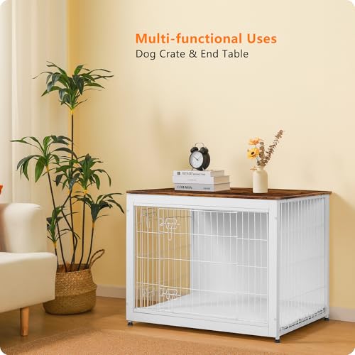 38.5" XL Dog Crate Furniture with Cushion (White+Rustic Brown / 38.5"L x 25.6"W x 26.8"H)